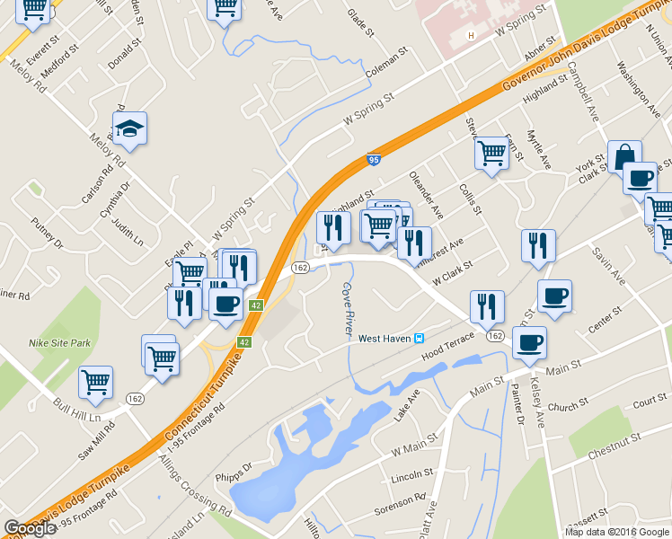 map of restaurants, bars, coffee shops, grocery stores, and more near in West Haven