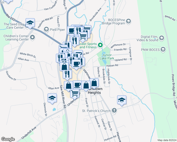 map of restaurants, bars, coffee shops, grocery stores, and more near 1906 Maple Court in Yorktown Heights
