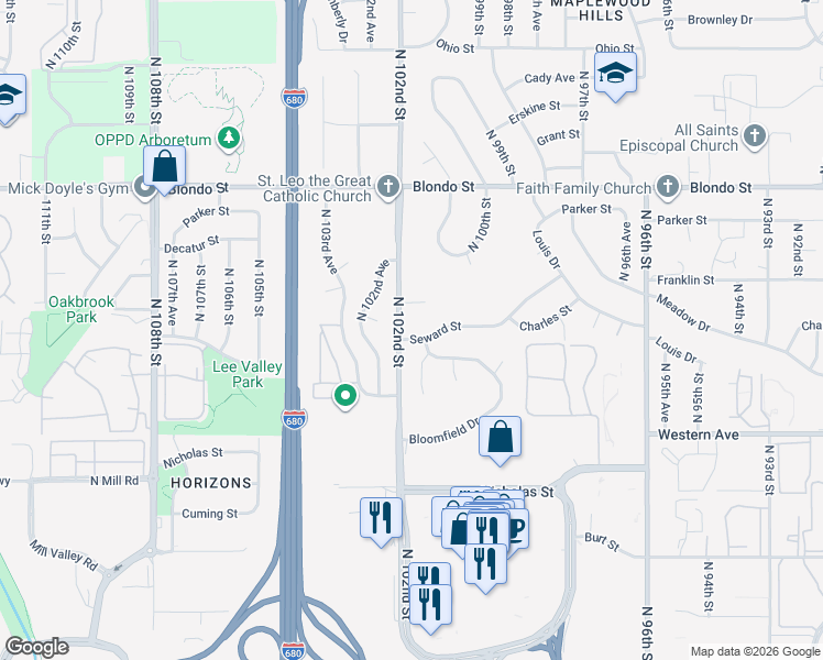 map of restaurants, bars, coffee shops, grocery stores, and more near 10206 Seward Circle in Omaha