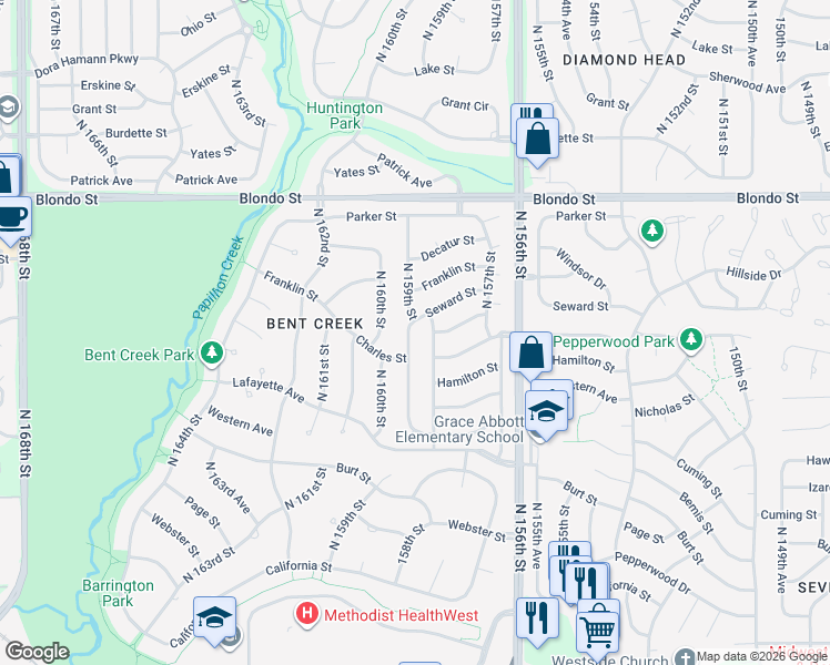 map of restaurants, bars, coffee shops, grocery stores, and more near 1605 North 159th Street in Omaha