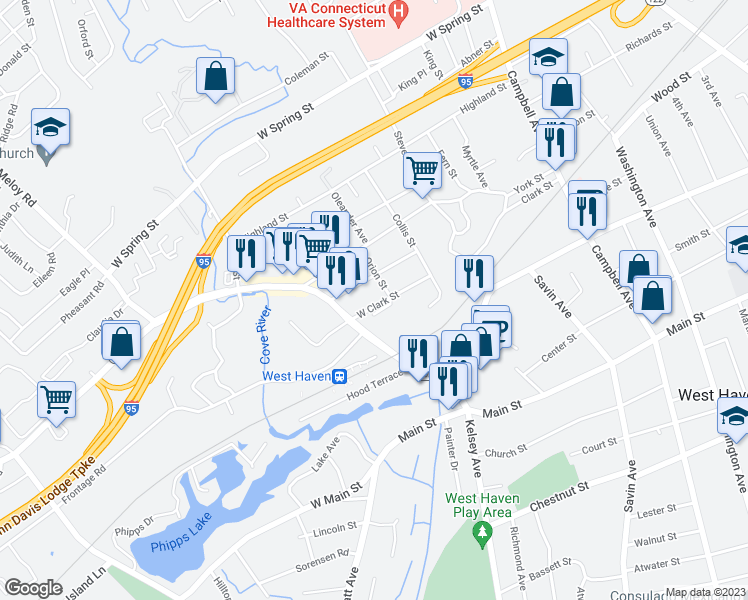 map of restaurants, bars, coffee shops, grocery stores, and more near 75 West Clark Street in West Haven