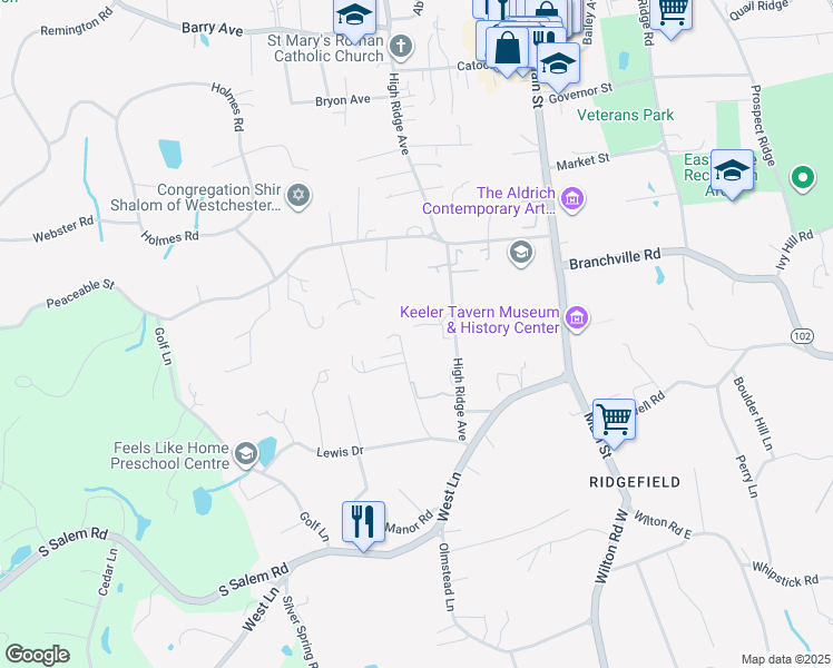 map of restaurants, bars, coffee shops, grocery stores, and more near 59 High Ridge Avenue in Ridgefield