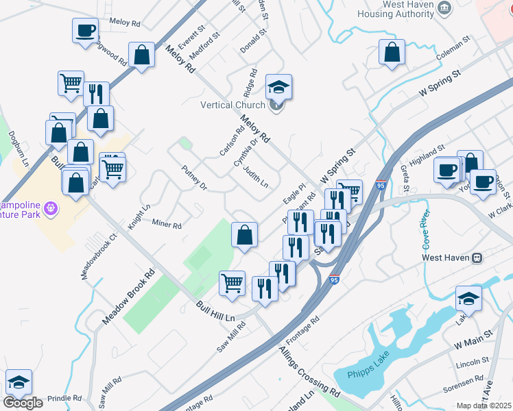 map of restaurants, bars, coffee shops, grocery stores, and more near 68 Eileen Road in West Haven