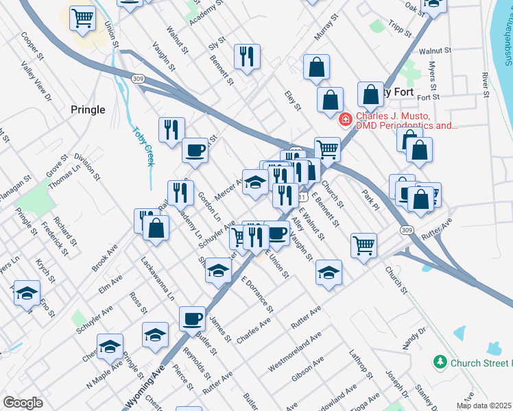 map of restaurants, bars, coffee shops, grocery stores, and more near 715 Schuyler Avenue in Kingston