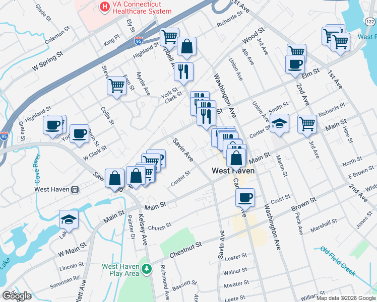 map of restaurants, bars, coffee shops, grocery stores, and more near 803 Savin Avenue in West Haven