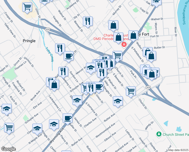 map of restaurants, bars, coffee shops, grocery stores, and more near 715 Schuyler Avenue in Kingston