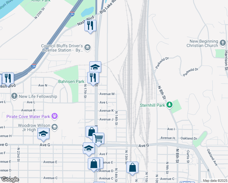 map of restaurants, bars, coffee shops, grocery stores, and more near 1402 Avenue M in Council Bluffs