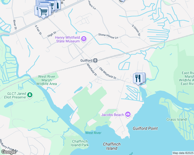 map of restaurants, bars, coffee shops, grocery stores, and more near 379 Whitfield Street in Guilford