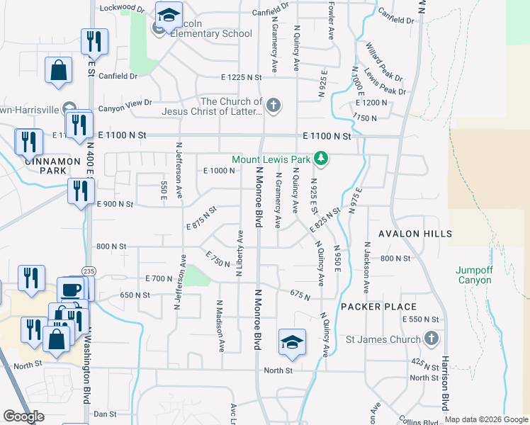 map of restaurants, bars, coffee shops, grocery stores, and more near 872 North Monroe Boulevard in Ogden