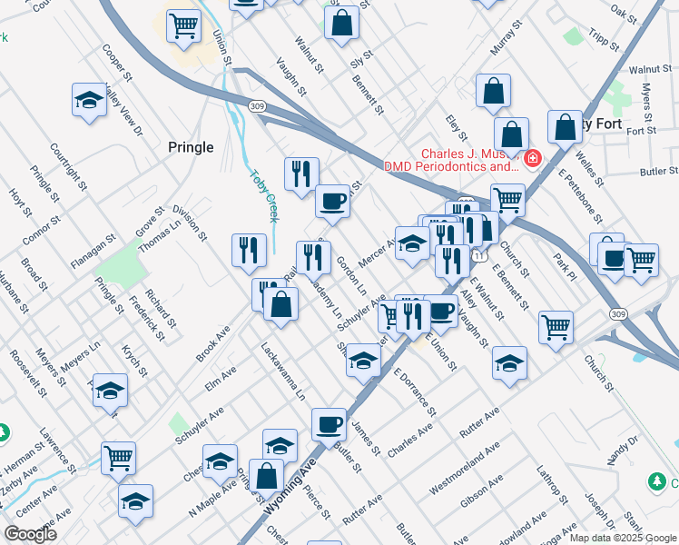 map of restaurants, bars, coffee shops, grocery stores, and more near 646 Mercer Avenue in Kingston