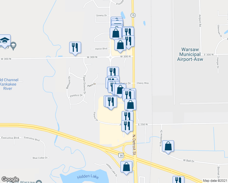 map of restaurants, bars, coffee shops, grocery stores, and more near 2604 Shelden Street in Warsaw