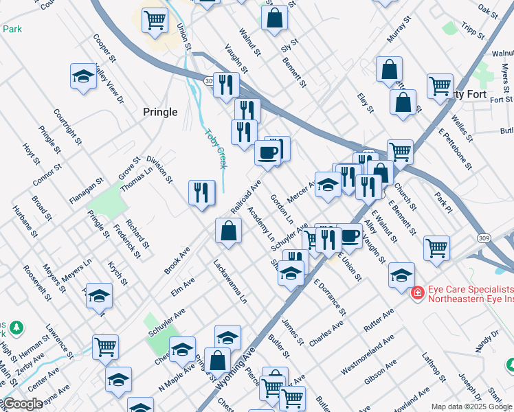 map of restaurants, bars, coffee shops, grocery stores, and more near 162-198 West Dorrance Street in Kingston