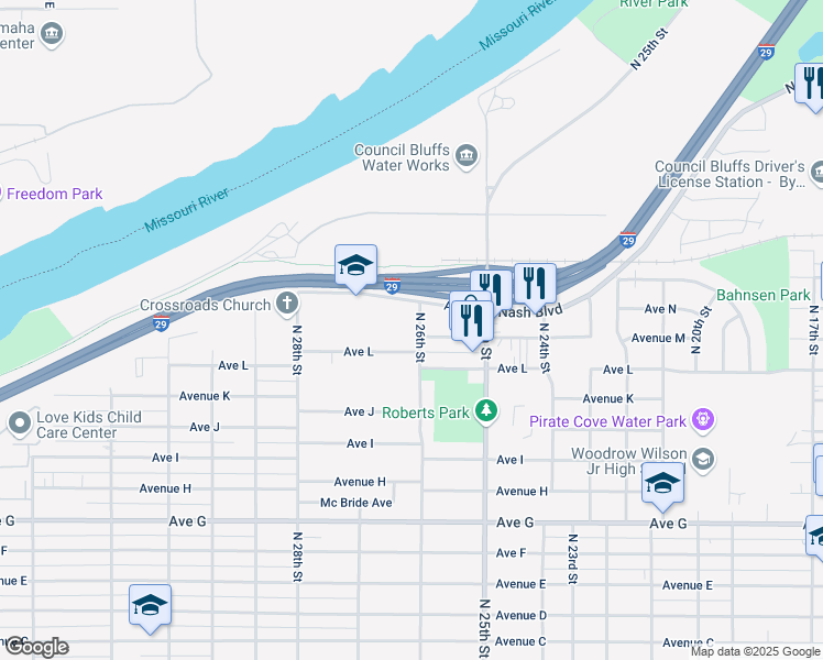 map of restaurants, bars, coffee shops, grocery stores, and more near 1202 North 26th Street in Council Bluffs