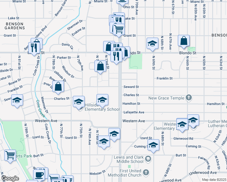 map of restaurants, bars, coffee shops, grocery stores, and more near 7305 Seward Street in Omaha
