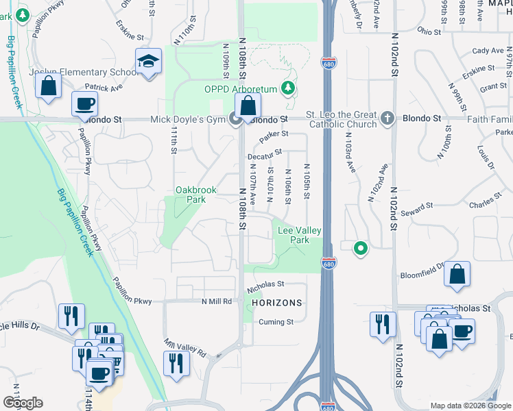 map of restaurants, bars, coffee shops, grocery stores, and more near 1518 North 107th Avenue in Omaha