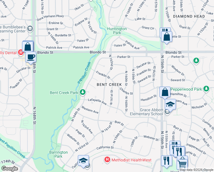 map of restaurants, bars, coffee shops, grocery stores, and more near 1522 North 162nd Street in Omaha
