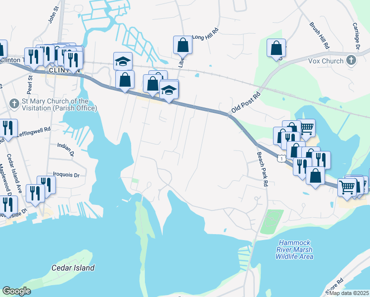 map of restaurants, bars, coffee shops, grocery stores, and more near 17 College Street in Clinton