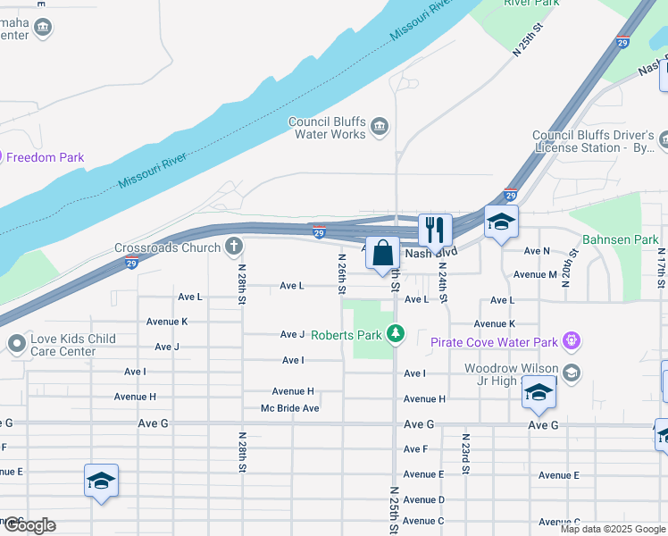 map of restaurants, bars, coffee shops, grocery stores, and more near 1202 North 26th Street in Council Bluffs