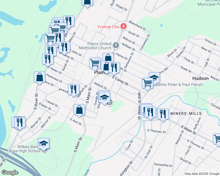 map of restaurants, bars, coffee shops, grocery stores, and more near 13-37 Bailey Street in Wilkes-Barre