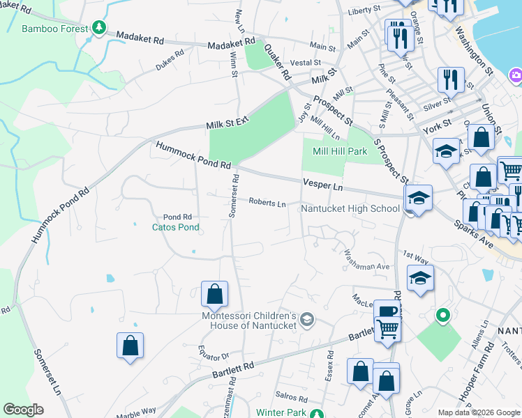 map of restaurants, bars, coffee shops, grocery stores, and more near 21 Roberts Lane in Nantucket