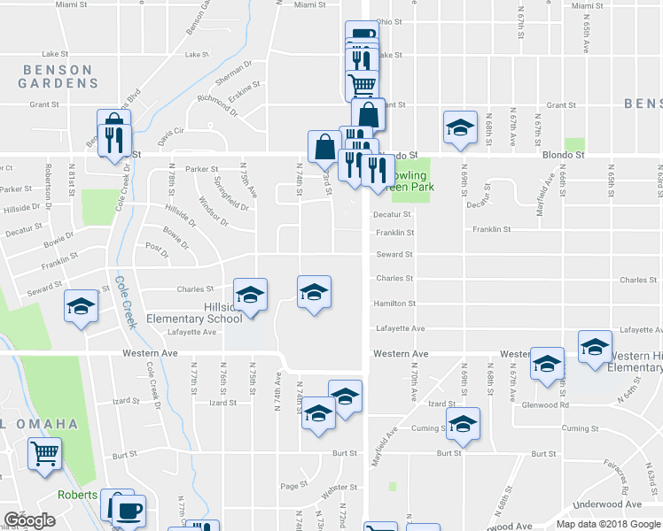 map of restaurants, bars, coffee shops, grocery stores, and more near 7305 Seward Street in Omaha