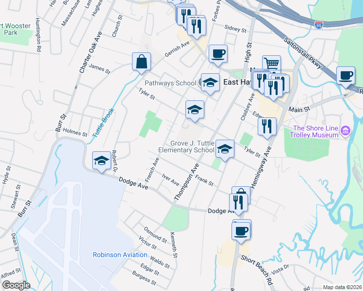 map of restaurants, bars, coffee shops, grocery stores, and more near 26 Ure Avenue in East Haven