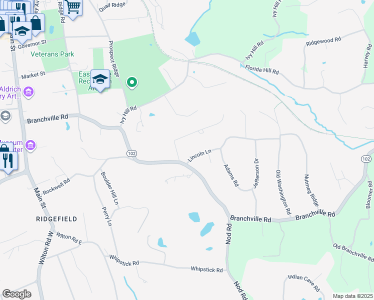 map of restaurants, bars, coffee shops, grocery stores, and more near 3 Lincoln Lane in Ridgefield