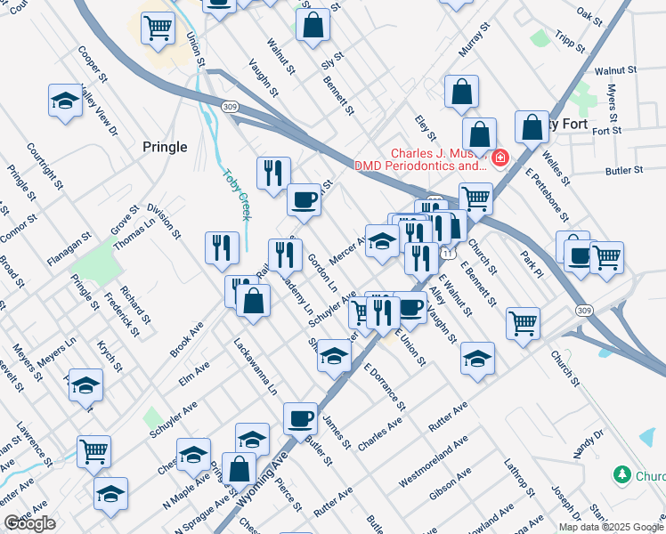 map of restaurants, bars, coffee shops, grocery stores, and more near 646 Mercer Avenue in Kingston