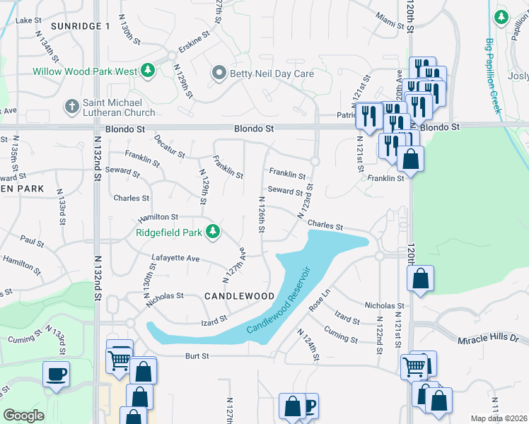 map of restaurants, bars, coffee shops, grocery stores, and more near 1439 North 126th Street in Omaha
