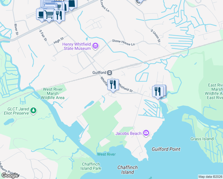map of restaurants, bars, coffee shops, grocery stores, and more near 379 Whitfield Street in Guilford
