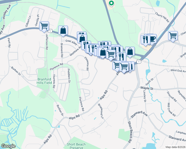 map of restaurants, bars, coffee shops, grocery stores, and more near 26 Orchard Hill Road in Branford