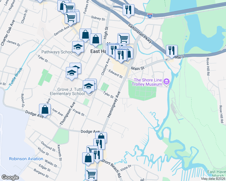 map of restaurants, bars, coffee shops, grocery stores, and more near 6 Dwight Place in East Haven