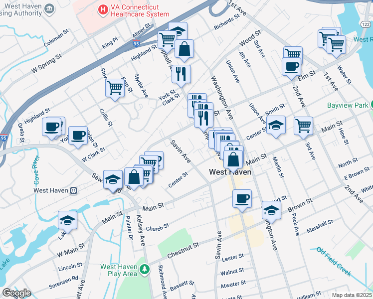 map of restaurants, bars, coffee shops, grocery stores, and more near 803 Savin Avenue in West Haven