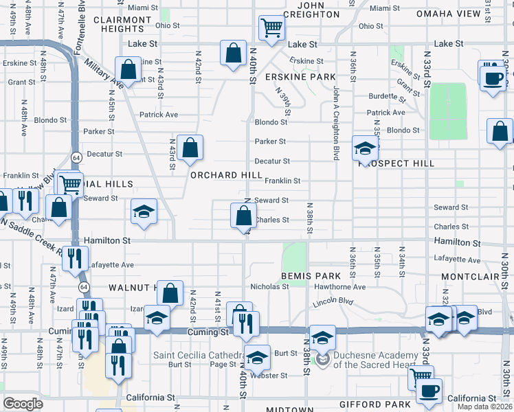 map of restaurants, bars, coffee shops, grocery stores, and more near 3857 Seward Street in Omaha