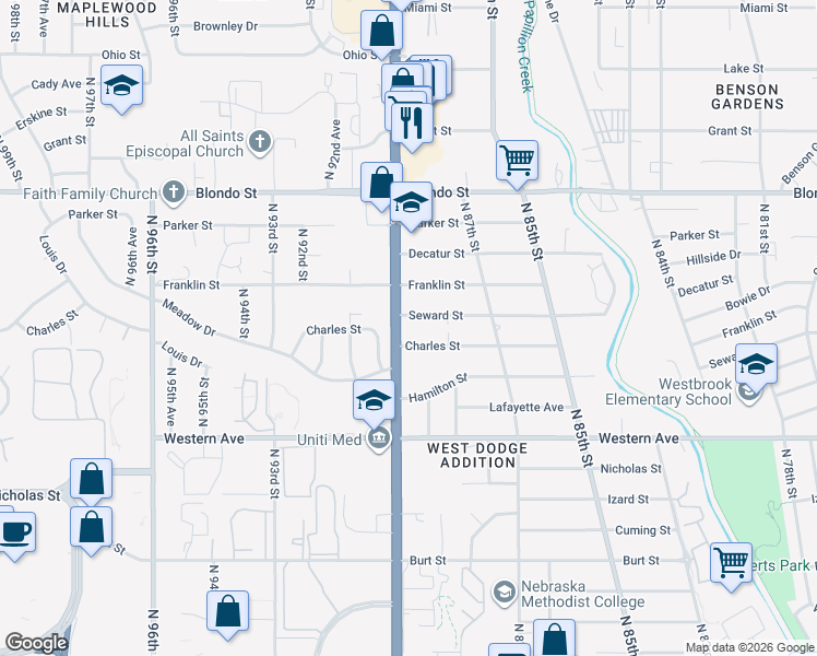 map of restaurants, bars, coffee shops, grocery stores, and more near 1519 North 90th Street in Omaha