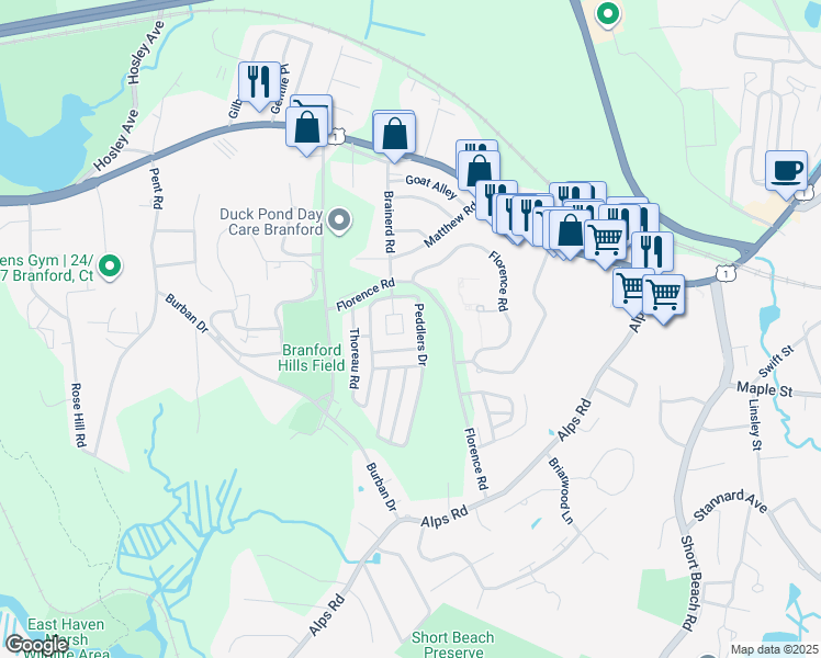 map of restaurants, bars, coffee shops, grocery stores, and more near 169 Peddlers Drive in Branford