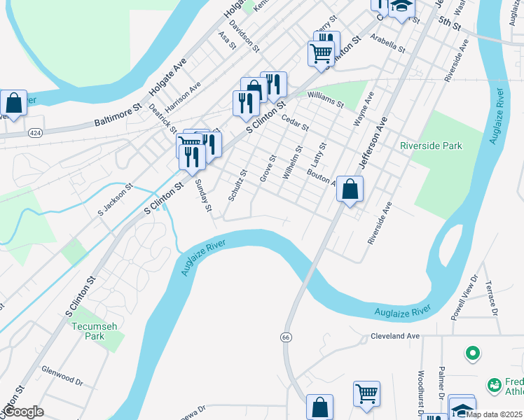 map of restaurants, bars, coffee shops, grocery stores, and more near 820 Lincoln Drive in Defiance