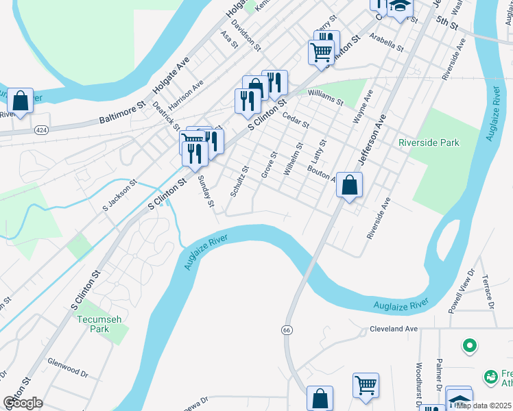 map of restaurants, bars, coffee shops, grocery stores, and more near 820 Lincoln Drive in Defiance