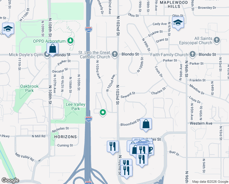 map of restaurants, bars, coffee shops, grocery stores, and more near 10206 Seward Circle in Omaha