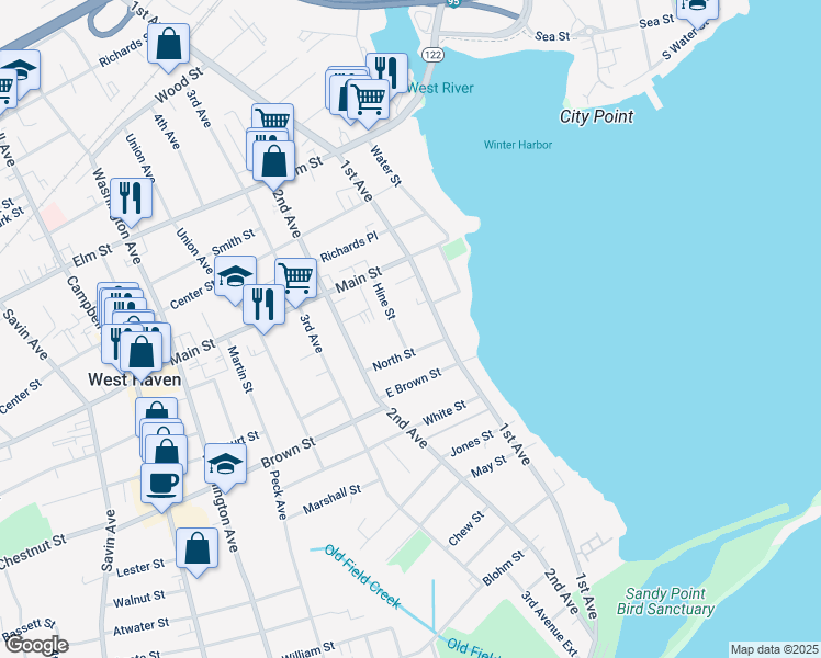 map of restaurants, bars, coffee shops, grocery stores, and more near 21 Hine Street in West Haven