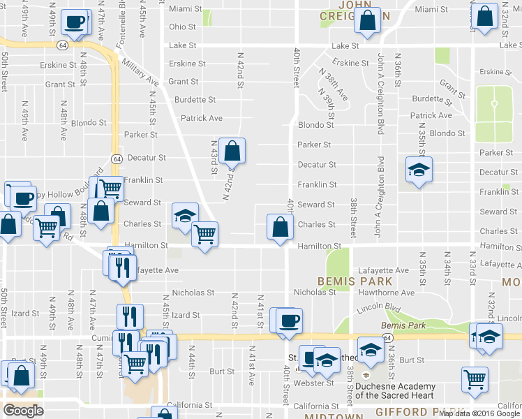 map of restaurants, bars, coffee shops, grocery stores, and more near 4037 Seward Street in Omaha