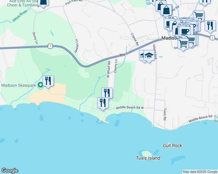 map of restaurants, bars, coffee shops, grocery stores, and more near 47 West Wharf Road in Madison