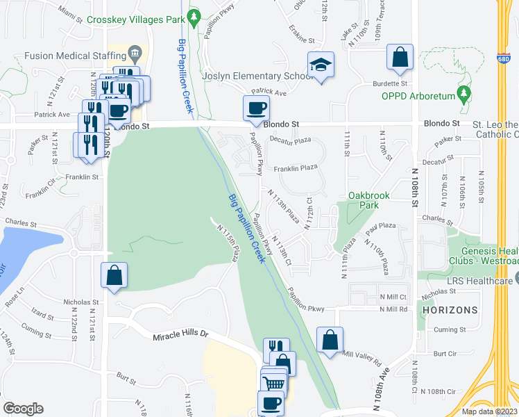 map of restaurants, bars, coffee shops, grocery stores, and more near Papillion Pkwy in Omaha