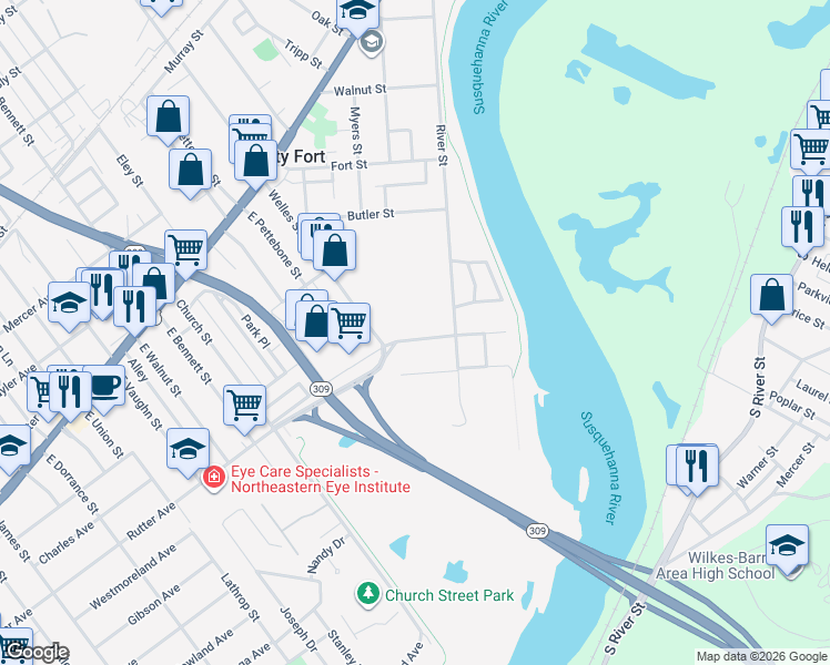 map of restaurants, bars, coffee shops, grocery stores, and more near 1030 Rutter Avenue in Forty Fort