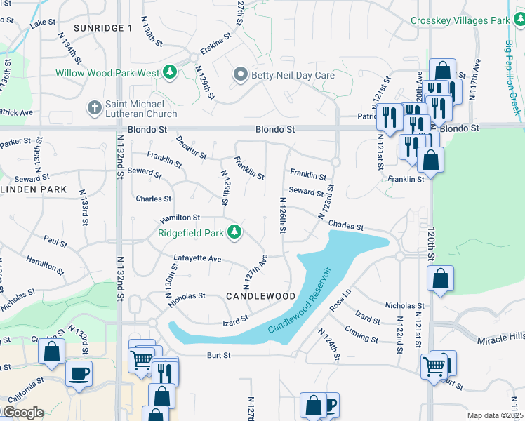 map of restaurants, bars, coffee shops, grocery stores, and more near 1438 North 127th Circle in Omaha