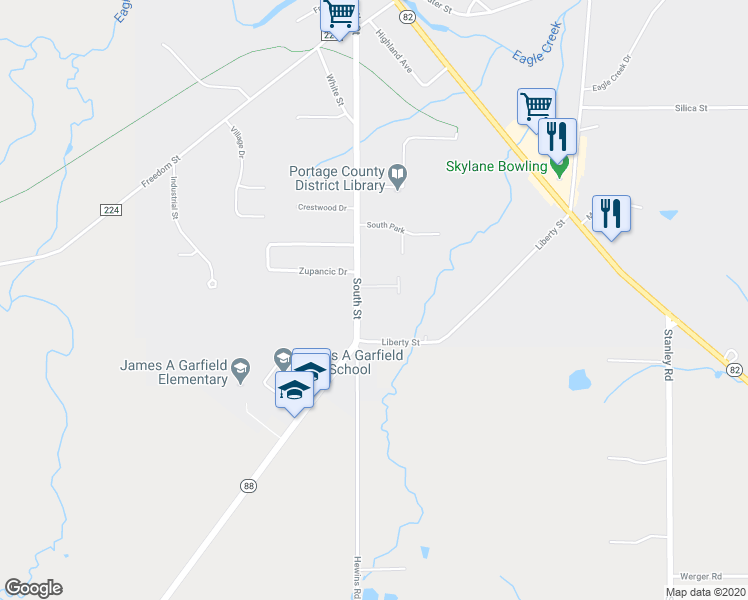 map of restaurants, bars, coffee shops, grocery stores, and more near 8102 Southwood Drive in Garrettsville