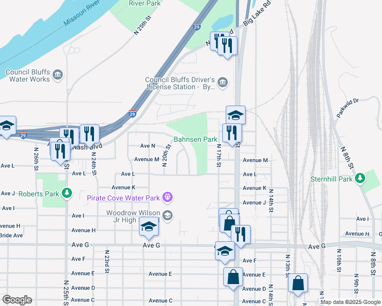map of restaurants, bars, coffee shops, grocery stores, and more near 1311 Westside Drive in Council Bluffs