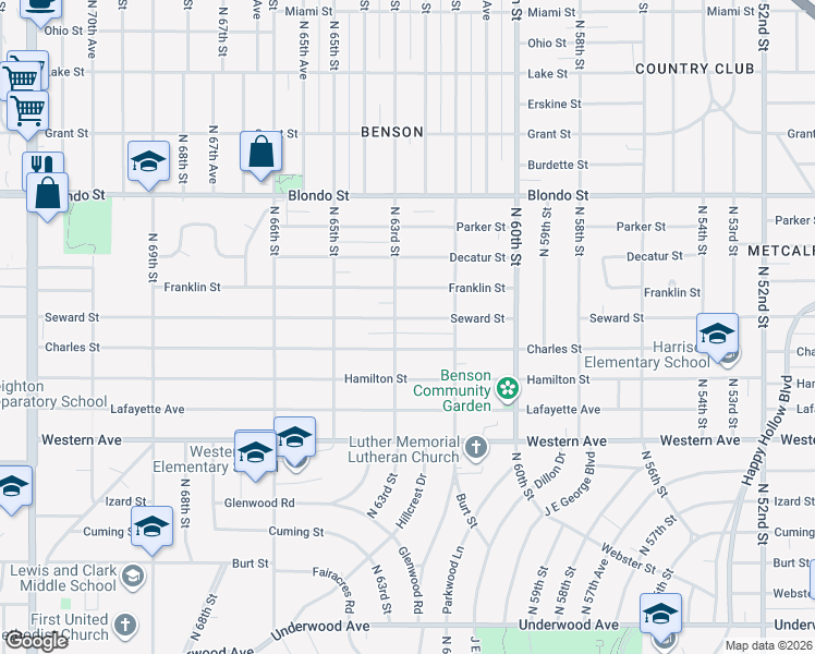 map of restaurants, bars, coffee shops, grocery stores, and more near 6241 Seward St in Omaha
