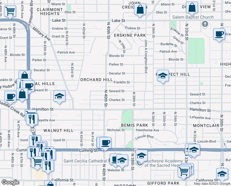map of restaurants, bars, coffee shops, grocery stores, and more near 3857 Seward Street in Omaha
