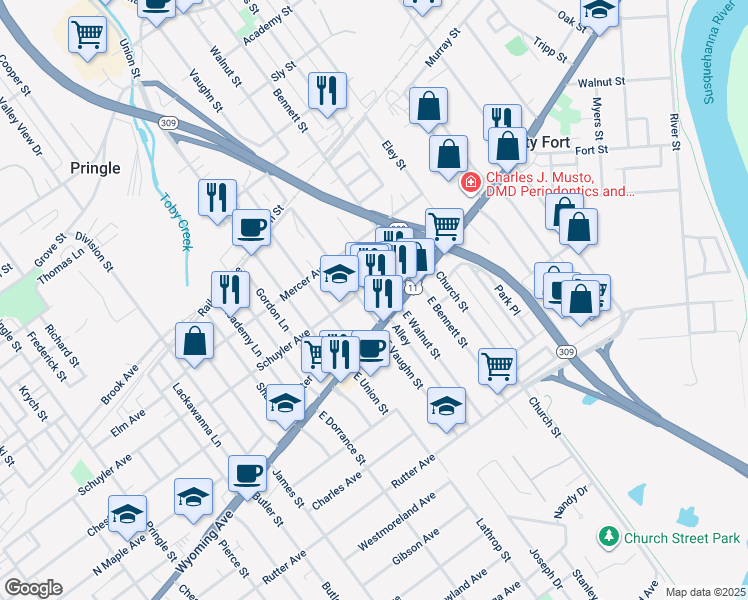 map of restaurants, bars, coffee shops, grocery stores, and more near 752 Wyoming Avenue in Kingston